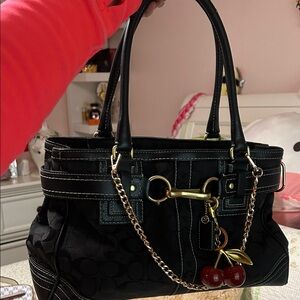 Coach Black Shoulder Bag with Gold Chain and Cherry Charm